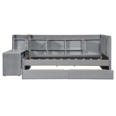 Twin Size Upholstered Daybed with Drawers, Shelves, Flip Cabinets & Side Table (Gray)