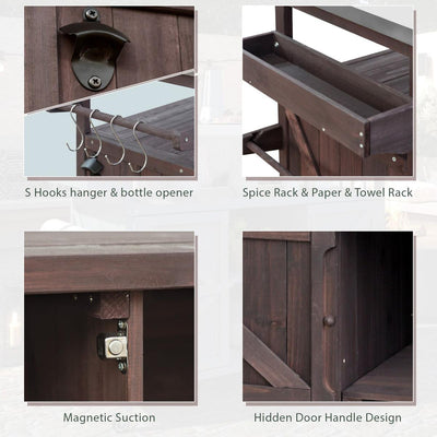 Outdoor Kitchen Island, Rolling Bar Cart & Storage Cabinet, Farmhouse Solid Wood Outdoor Grill Table with Stainless Steel Top, Spice Rack, Towel Rack for Kitchen & Barbecue, Dark Brown