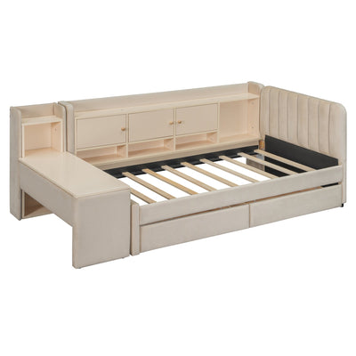 Twin Size Upholstered Daybed with Drawers, Shelves, Flip Cabinets & Side Table (Beige)