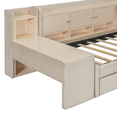 Twin Size Upholstered Daybed with Drawers, Shelves, Flip Cabinets & Side Table (Beige)