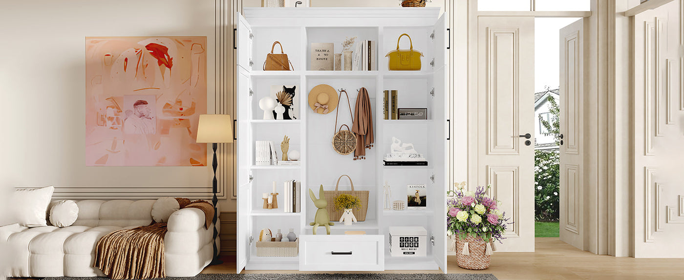 U-Can 85.2''H Hall Tree with Bench and 3 Hooks, Modern Entryway Storage Organizer Cabinet with 4 Doors, 1 Drawer and Adjustable Shelves for Hallway, Entryway, Living Room