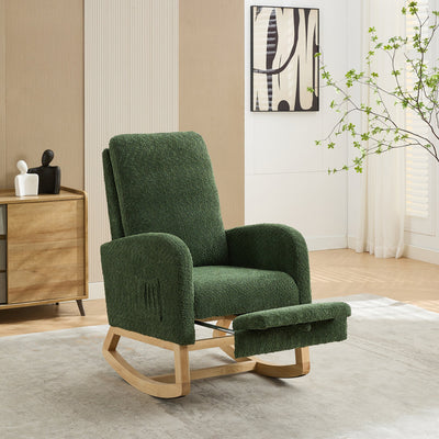 25.4'W Green Boucle High Back Glider Rocking Chair with Retractable Footrest and Rubber Wood Legs for Nursery and Living Room