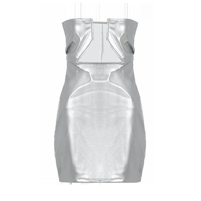 Women Clothing Faux Leather Personality off Neck Low Cut Sexy Sheath Sleeveless Backless Dress Women