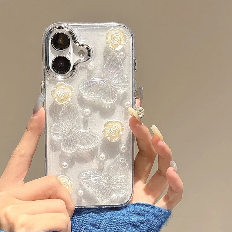 Pearl White Rose 3D Butterfly Clear Phone Case