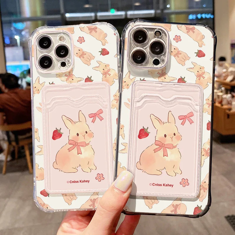Cute Strawberry Rabbit Card Bag Phone Case