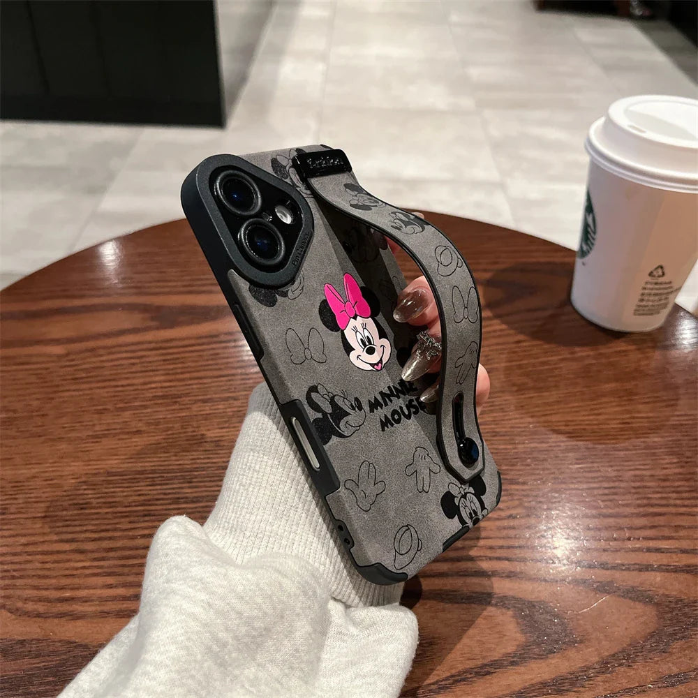 Cute Disney Mickey Minnie Mouse Wrist Strap Holder Leather Phone Case