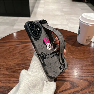 Cute Disney Mickey Minnie Mouse Wrist Strap Holder Leather Phone Case