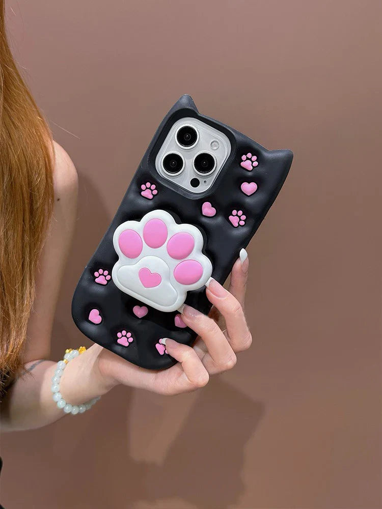 Cartoon Cute 3D Cat Paw Bracket Soft Silicone Phone Case