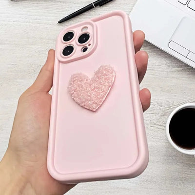 Cute 3D White Plush Love Heart Silicone Phone Case