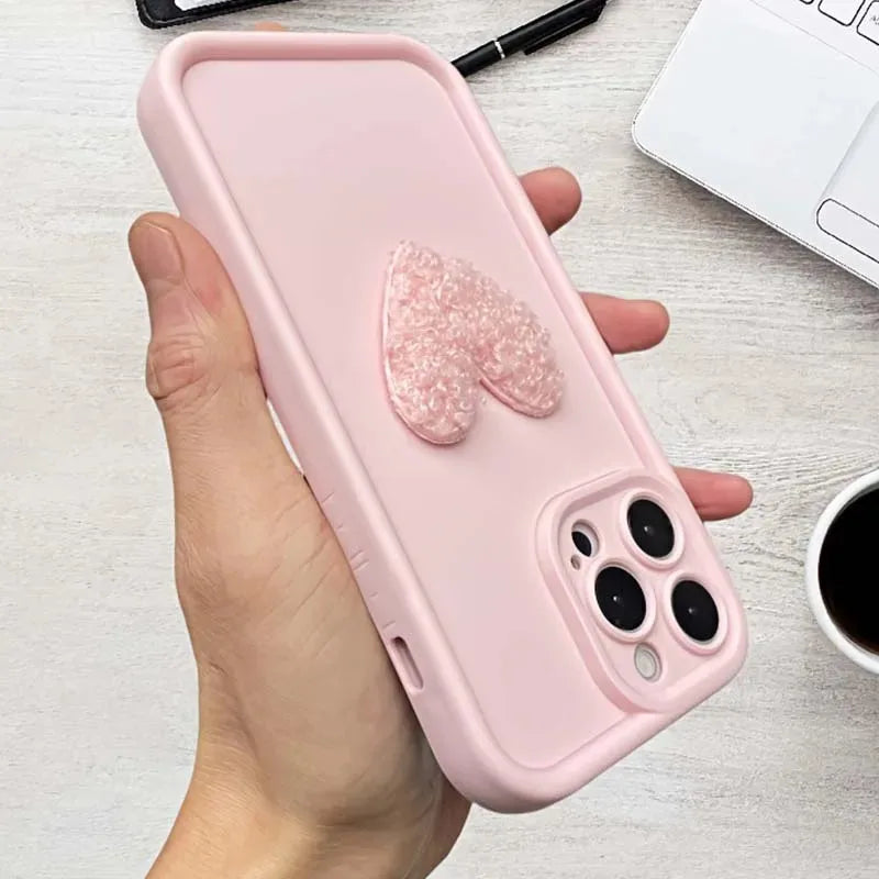 Cute 3D White Plush Love Heart Silicone Phone Case