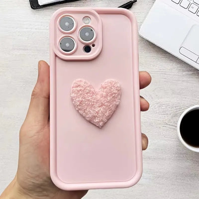 Cute 3D White Plush Love Heart Silicone Phone Case