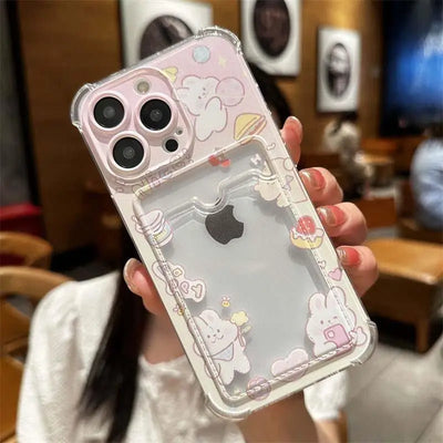 Cartoon Rabbit Bear Card Holder Slot Bag Clear Phone Case