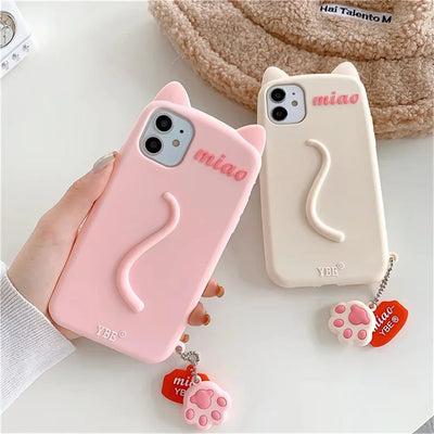 Cartoon 3D Cute Cat Ears tail Cat Paw Pendant Soft Cover Phone Case