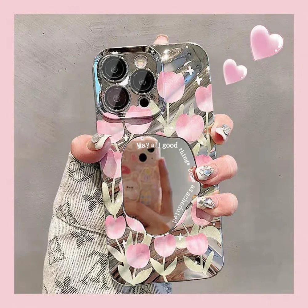 Cute Cat Wave Makeup Mirror Phone Case