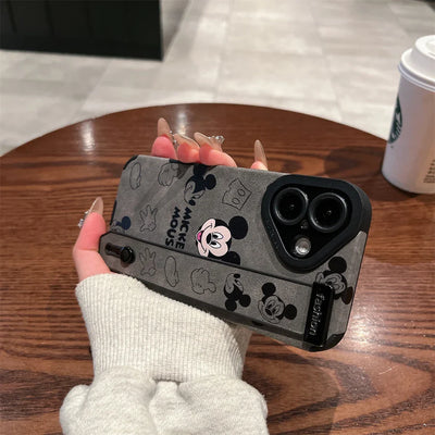 Cute Disney Mickey Minnie Mouse Wrist Strap Holder Leather Phone Case