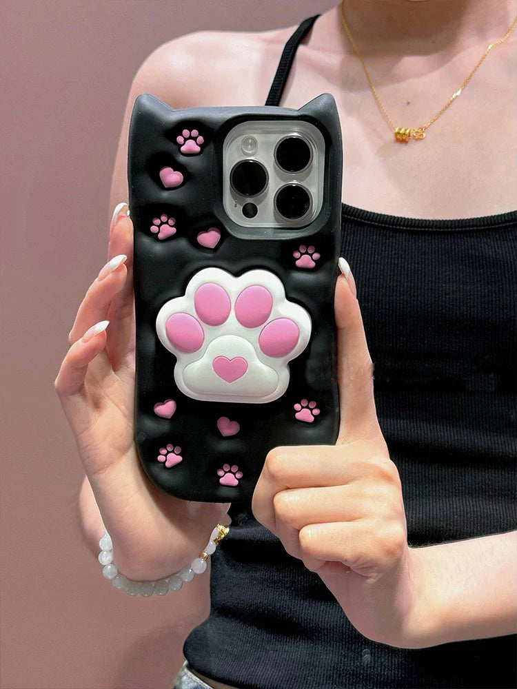 Cartoon Cute 3D Cat Paw Bracket Soft Silicone Phone Case