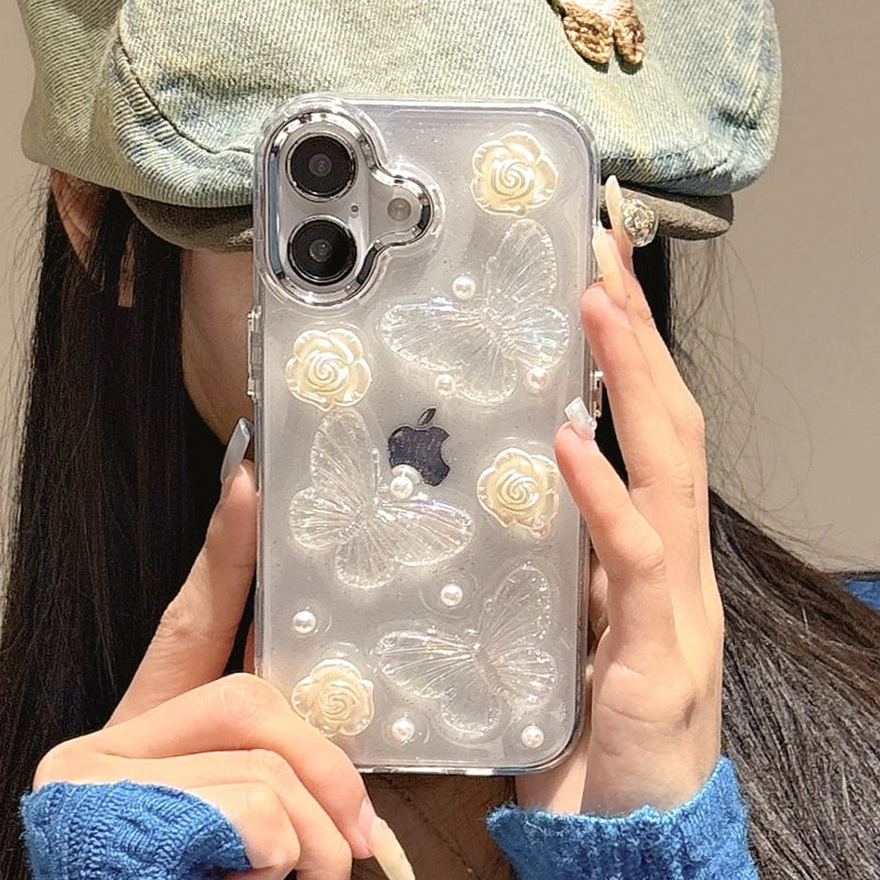 Pearl White Rose 3D Butterfly Clear Phone Case