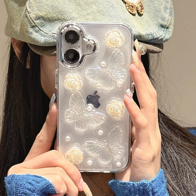 Pearl White Rose 3D Butterfly Clear Phone Case