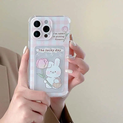 Cartoon Rabbit Bear Card Holder Slot Bag Clear Phone Case