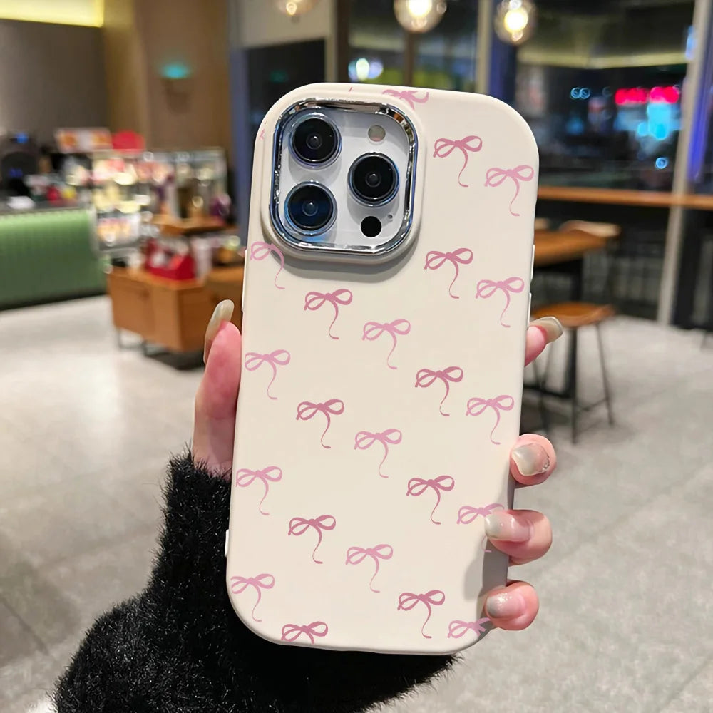 Cute Pink Bow Metal Lens Shockproof Bowknot Silicone Soft Back Cover Phone Case