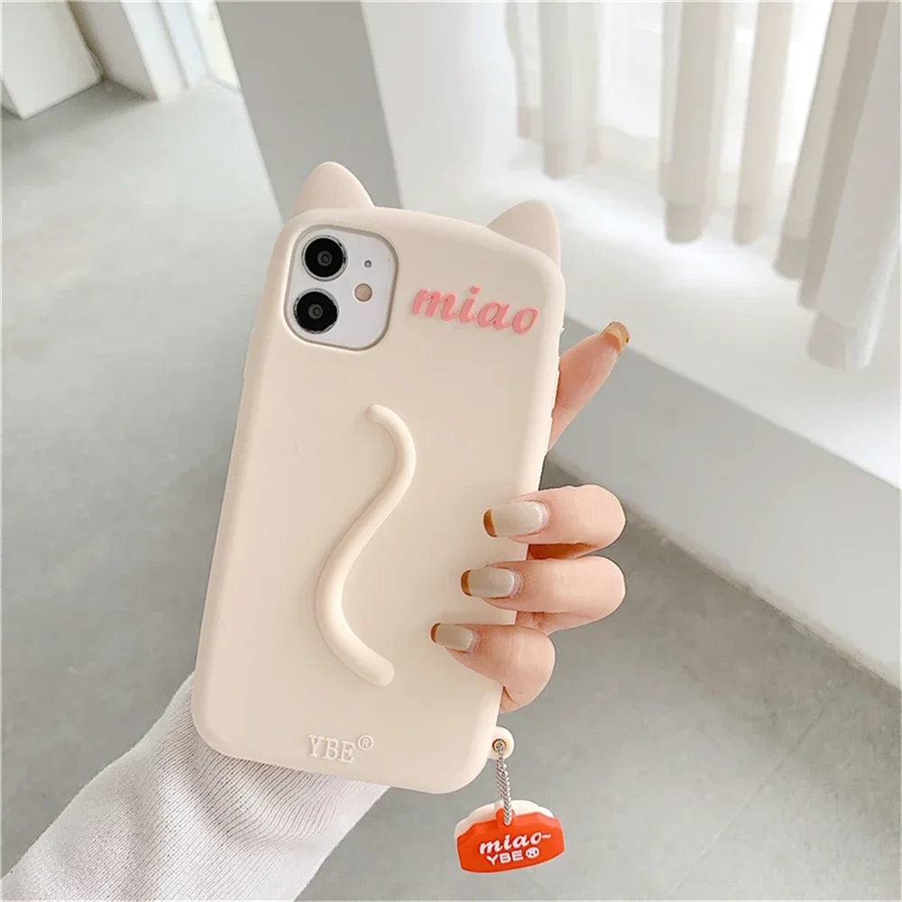 Cartoon 3D Cute Cat Ears tail Cat Paw Pendant Soft Cover Phone Case