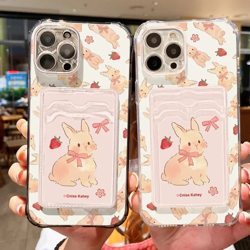 Cute Strawberry Rabbit Card Bag Phone Case