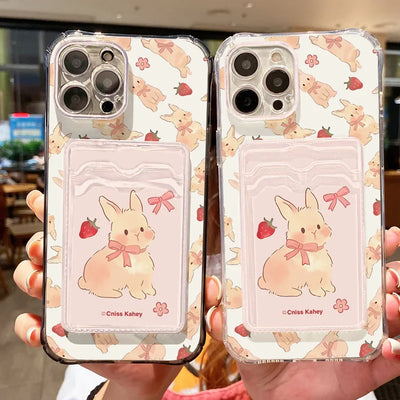 Cute Strawberry Rabbit Card Bag Phone Case