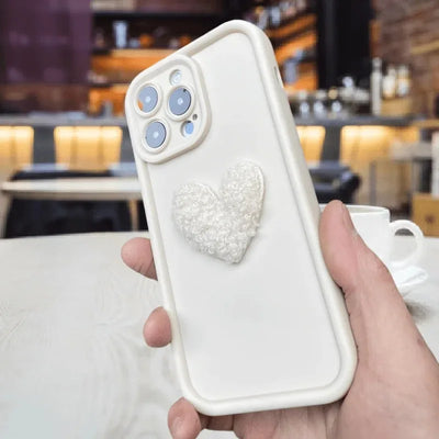 Cute 3D White Plush Love Heart Silicone Phone Case