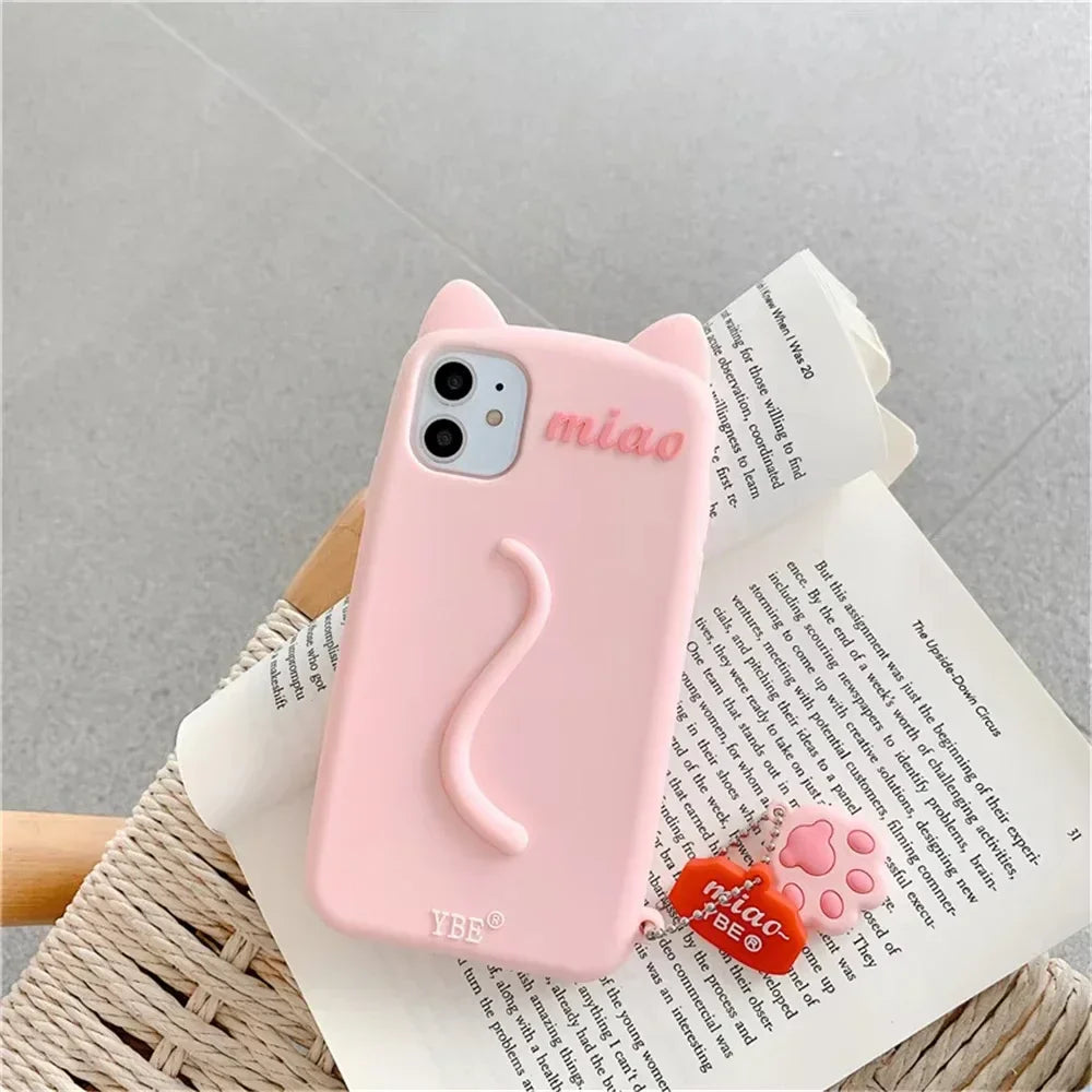 Cartoon 3D Cute Cat Ears tail Cat Paw Pendant Soft Cover Phone Case