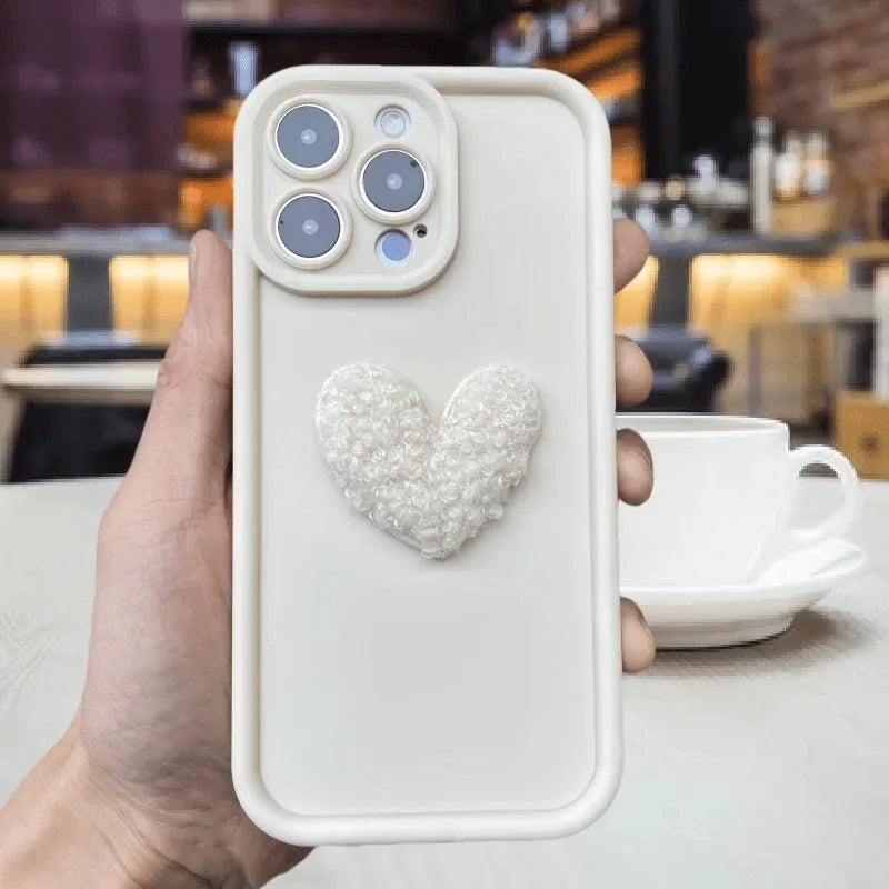 Cute 3D White Plush Love Heart Silicone Phone Case