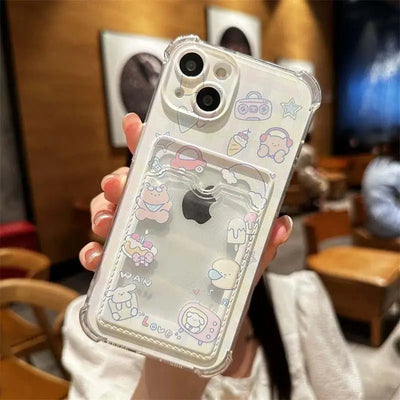 Cartoon Rabbit Bear Card Holder Slot Bag Clear Phone Case