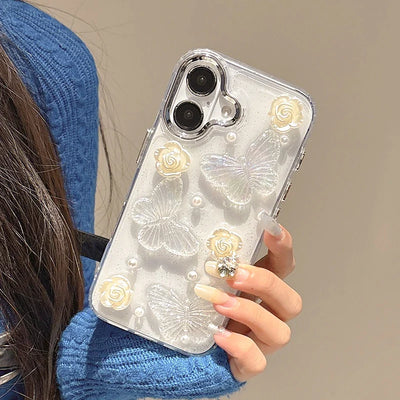 Pearl White Rose 3D Butterfly Clear Phone Case