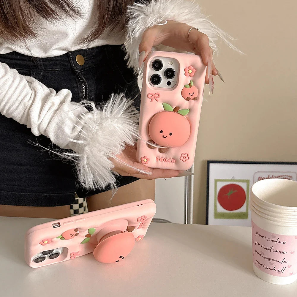 Kawaii Summer Fruit Floral Peach Bracket Soft Silicone Phone Case