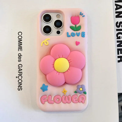 Kawaii 3D Cartoon Rabbit Floral Bracket Soft Silicone Phone Case