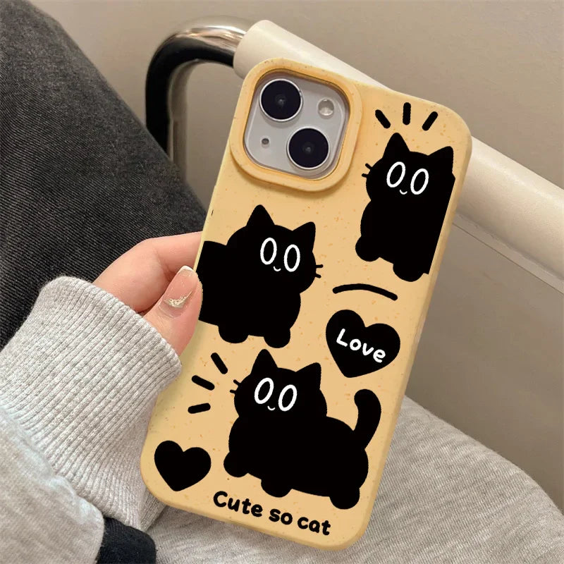Cartoon Black Cat Wheat Straw Soft Silicone Cover Phone Case