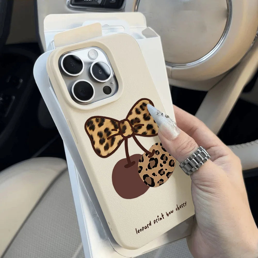 Cherry Leather Cute Heart Bow Cover Phone Case