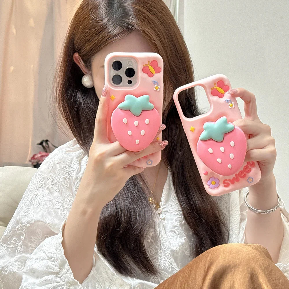 Sweet Strawberry Telescopic Bracket Phone Case