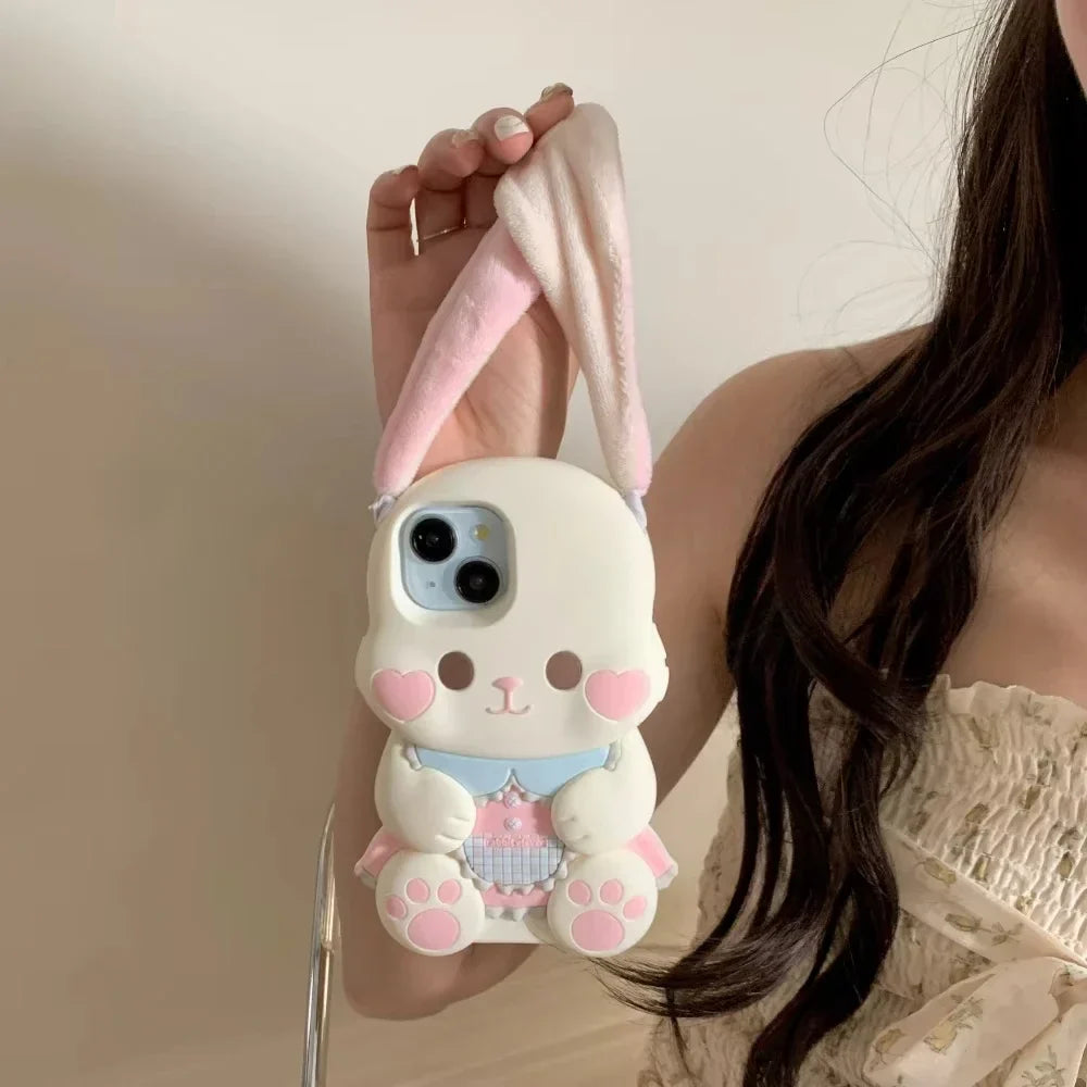 Cute Cartoon 3D Portable Ears Pink Love Heart Face Rabbit Phone Case