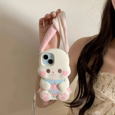 Cute Cartoon 3D Portable Ears Pink Love Heart Face Rabbit Phone Case