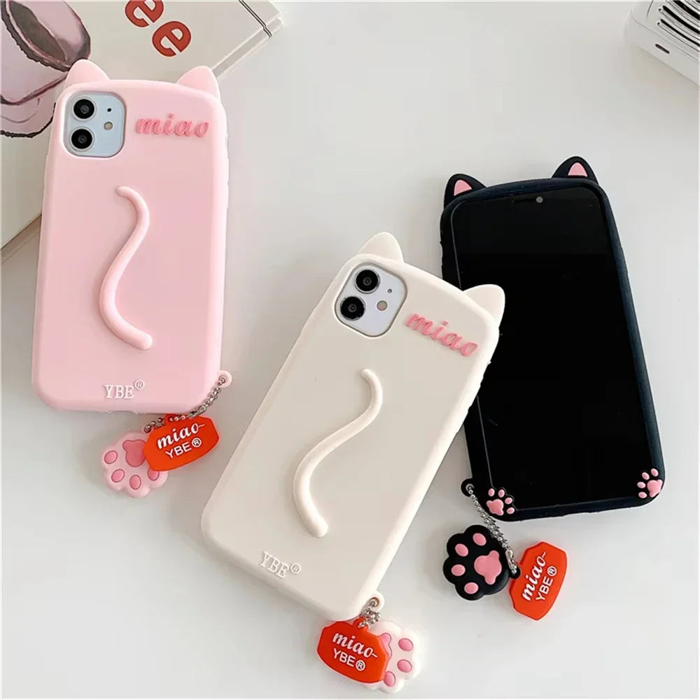 Cartoon 3D Cute Cat Ears tail Cat Paw Pendant Soft Cover Phone Case