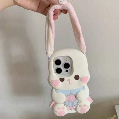 Cute Cartoon 3D Portable Ears Pink Love Heart Face Rabbit Phone Case