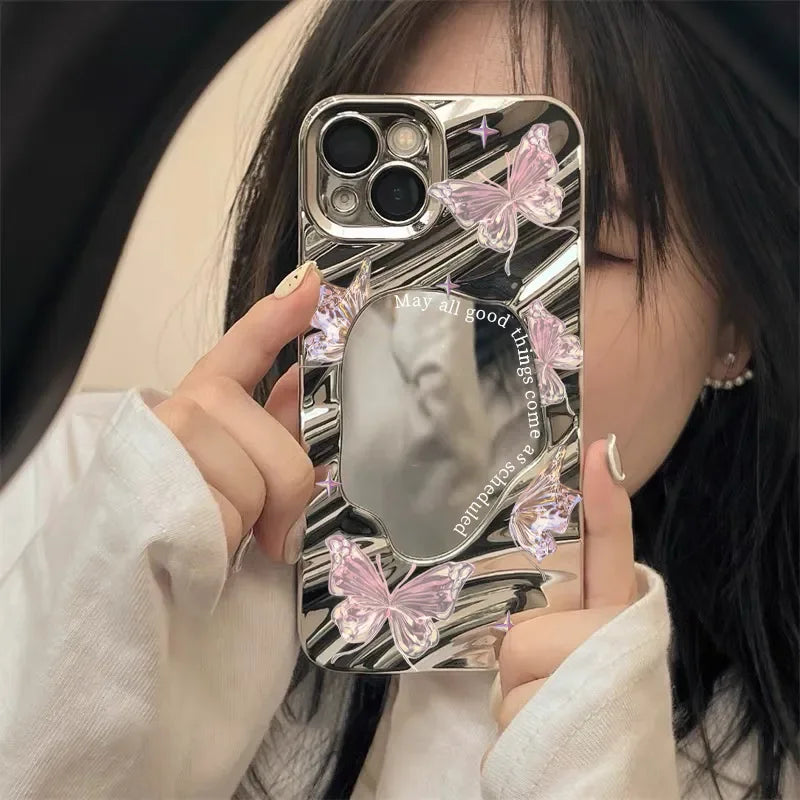 Cute Cat Wave Makeup Mirror Phone Case