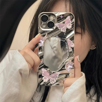 Cute Cat Wave Makeup Mirror Phone Case