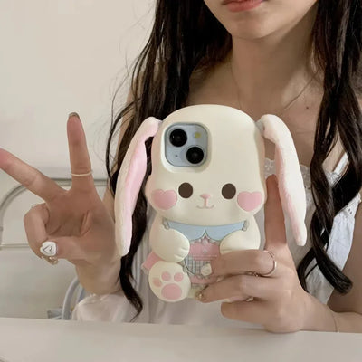Cute Cartoon 3D Portable Ears Pink Love Heart Face Rabbit Phone Case