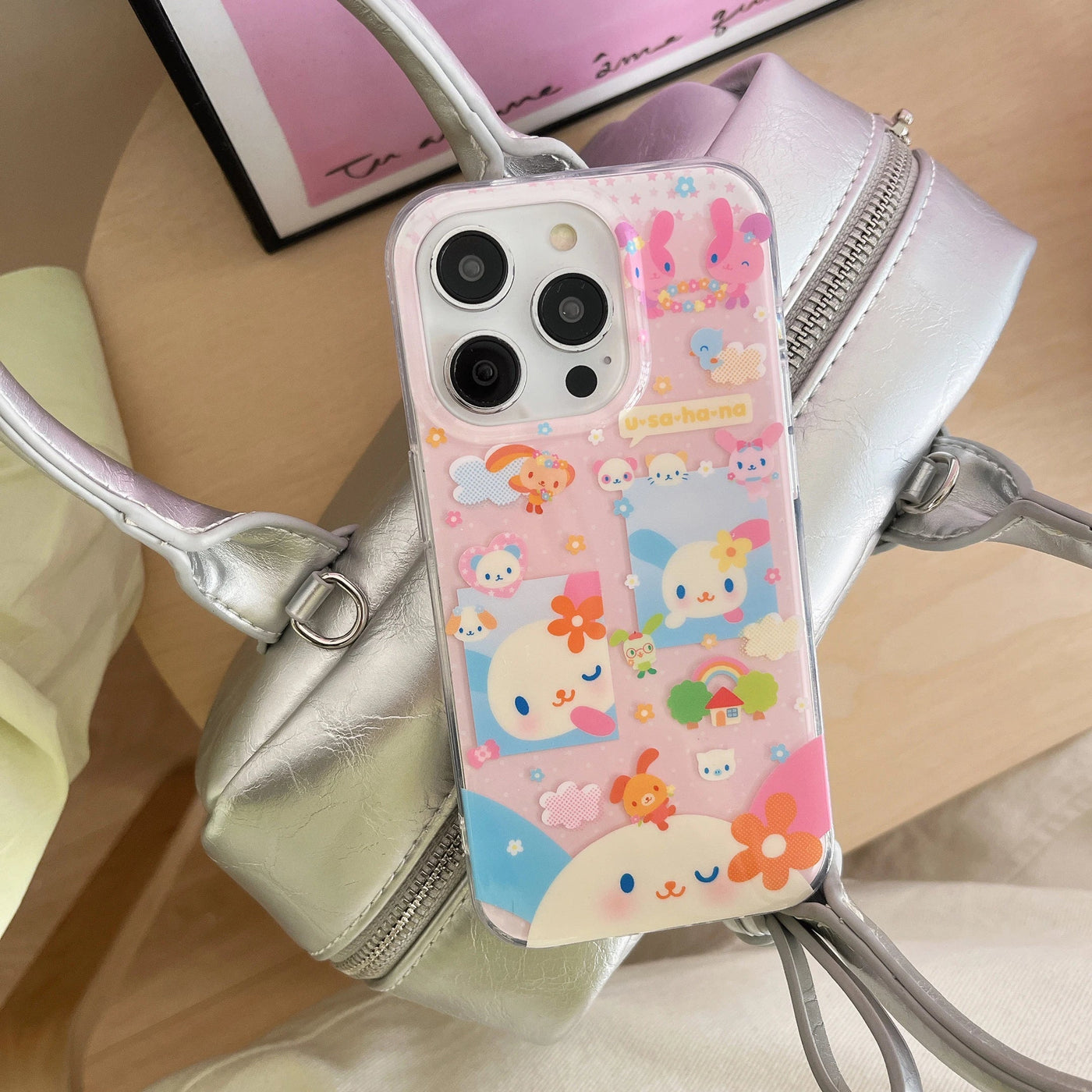 Cute pink rabbit colored cloud flower phone case