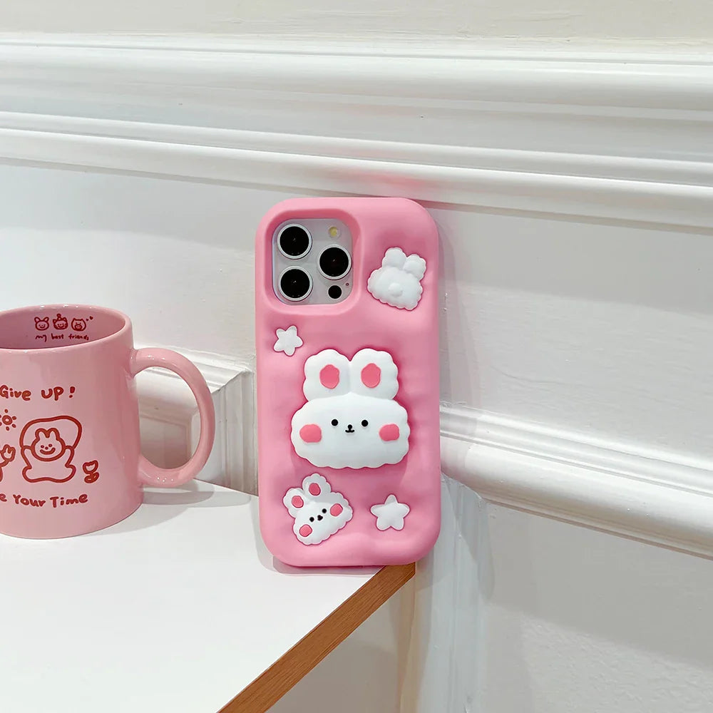 Lovely 3D Rabbit Folding With Holder Stand Silicone Phone Case