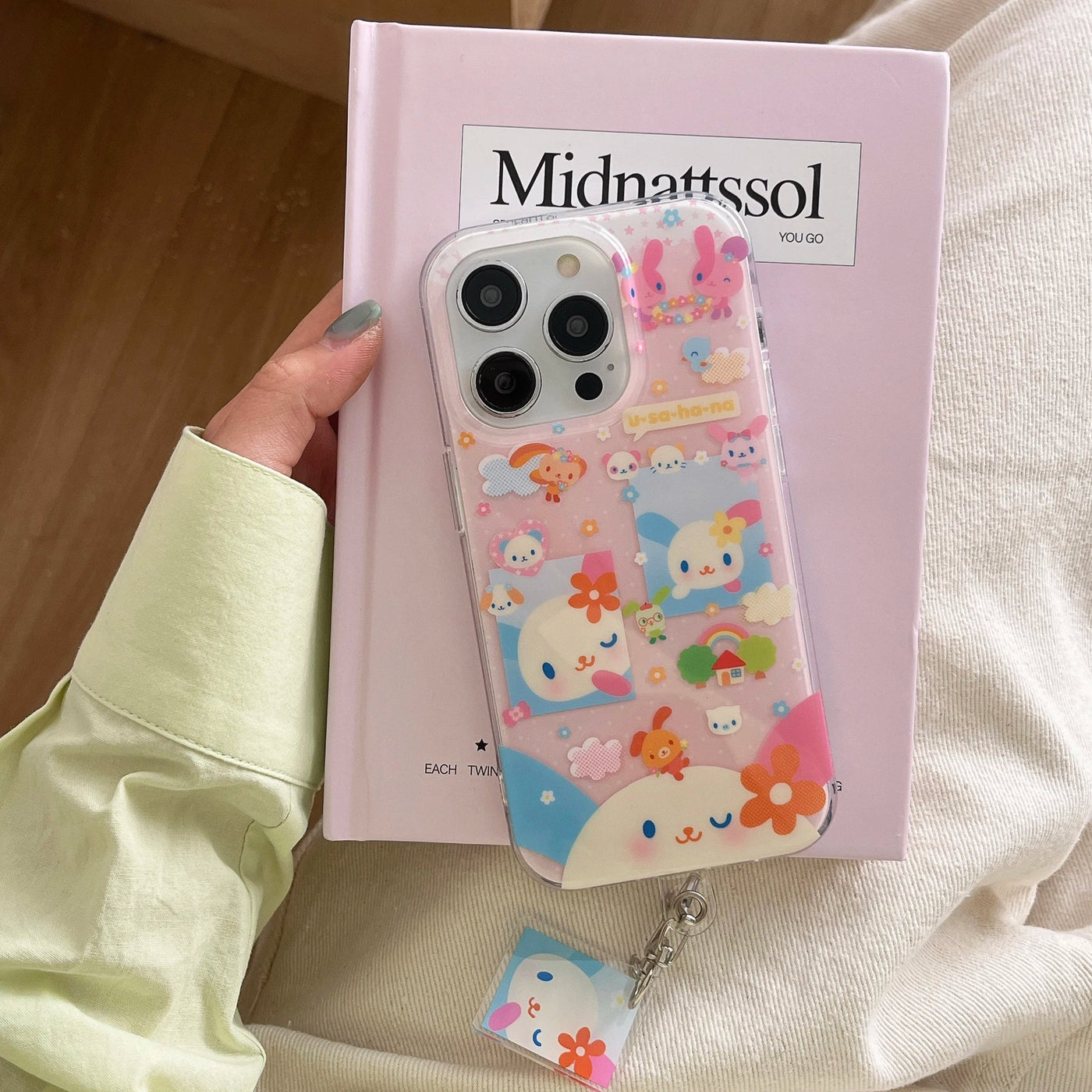 Cute pink rabbit colored cloud flower phone case