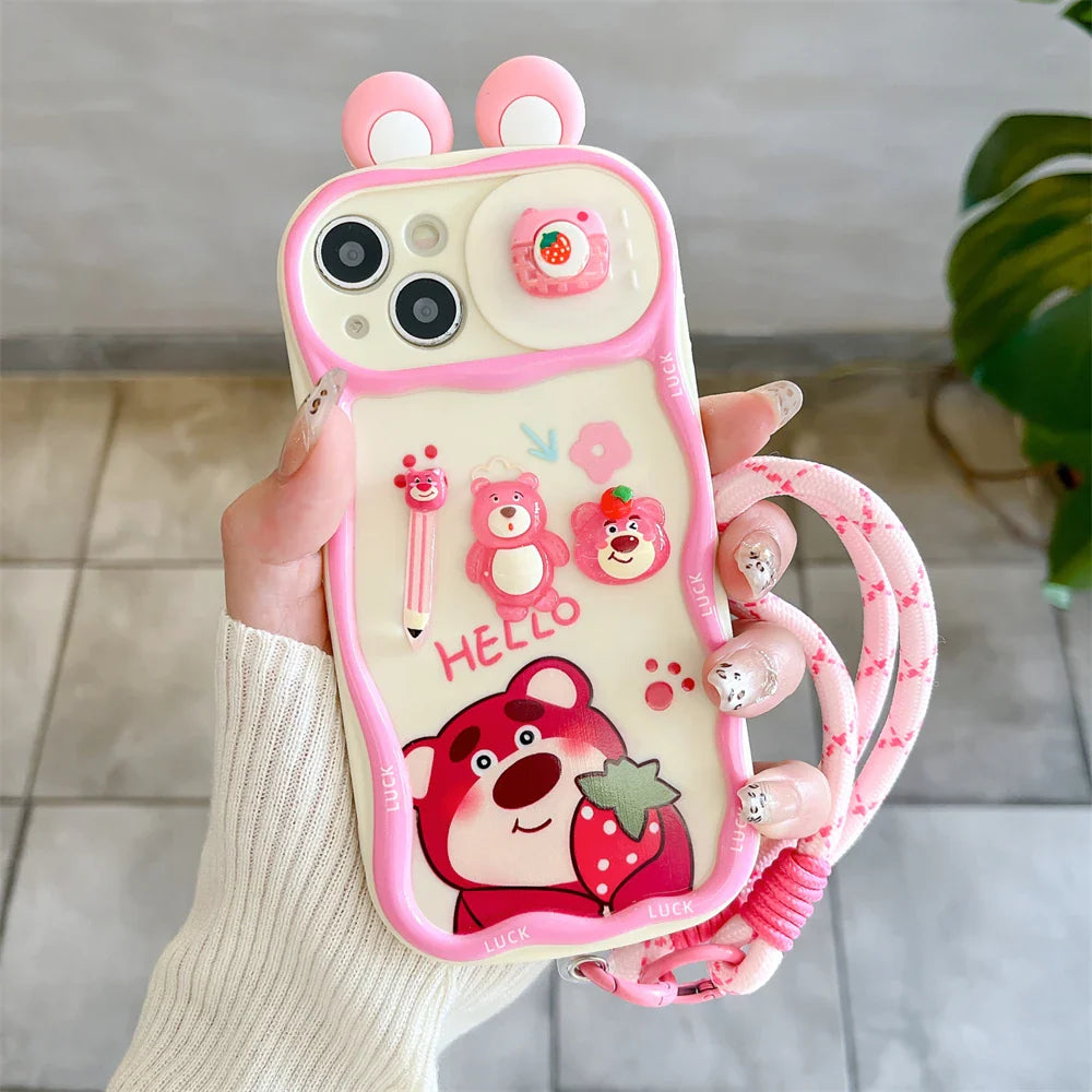 Cute Cartoon Pink Disney Winnie Pooh Lotso Bear Slide Camera Protection Phone Case