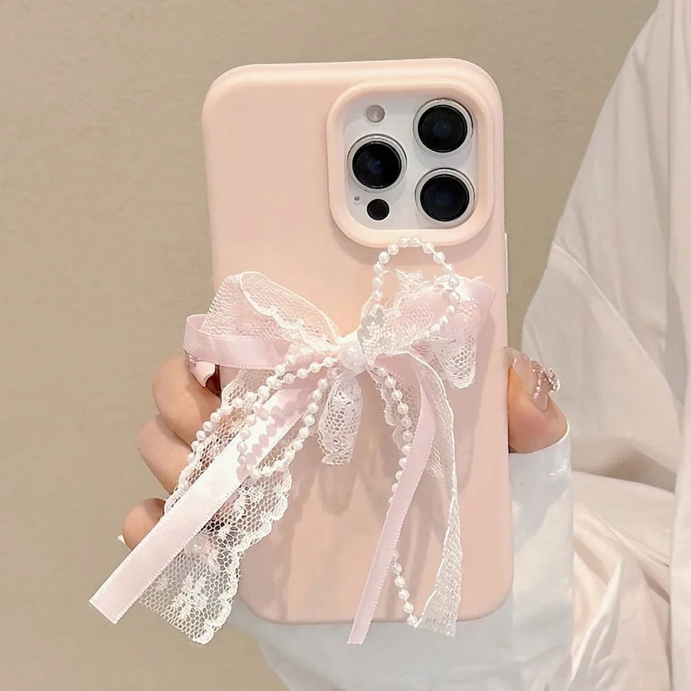 Cute 3D Pearl Lace Silk Ribbon Bow Phone Case