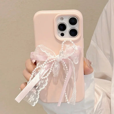 Cute 3D Pearl Lace Silk Ribbon Bow Phone Case
